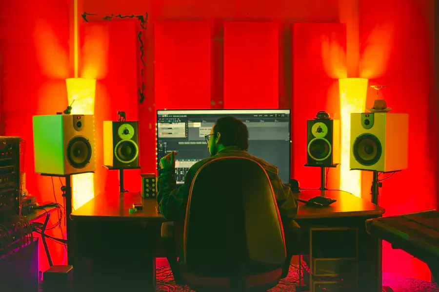 Producer al lavoro nella regia dello studio illuminata di rosso